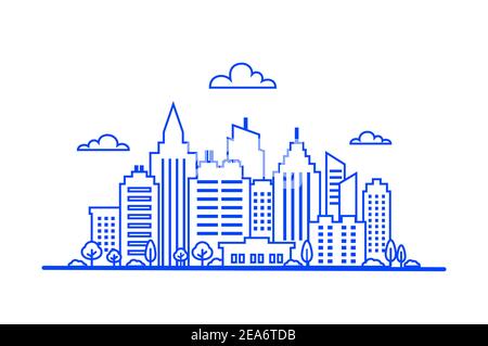 Paesaggio Blue Thin Line City. Paesaggio del centro con grattacieli alti. Architettura panoramica. Edifici governativi isolati illustrazione del profilo Illustrazione Vettoriale