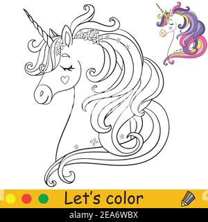 Disegno da colorare libro carino testa di unicorno con briglia - Vettoriale  Stock di ©Alinart 542526582