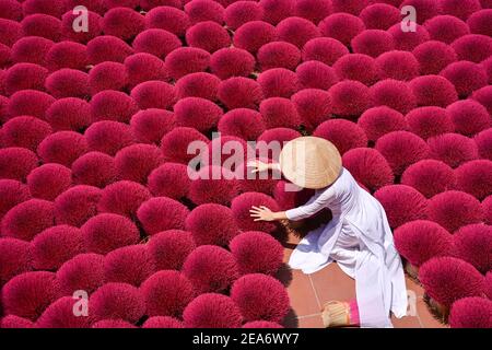 Donna che raccoglie bastoni incensi secchi, Hanoi, Vietnam Foto Stock