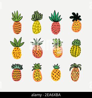 Set di graziosi ananas soleggiati. Illustrazione Vettoriale