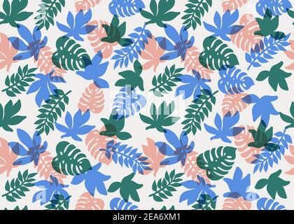 Motivo tropicale senza cuciture. Piante tropicali e foglie di palma nei colori corallo, teal e blu. Sfondo floreale. Stampa di moda per tessuti, tessuti Illustrazione Vettoriale