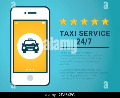 Banner servizio taxi. Icona taxi gialla. Cartellino giallo con cartello taxi su sfondo blu. Illustrazione Vettoriale