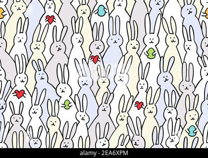 Divertente bunny motivo senza giunture. Illustrazione dei coniglietti di pasqua carini con le uova di pasqua e i cuori. Luminoso sfondo pasquale per tessuti, tessuti, coperture Illustrazione Vettoriale