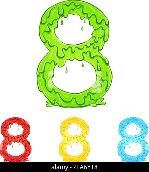 Numero 8 con gocce di flusso e schizzi di goo. Illustrazione a colori del simbolo otto in quattro colori: Verde, rosso, giallo, blu. Gocciolamento di liquido. Font vettoriale nello stile disegnato a mano isolato su sfondo bianco. Illustrazione Vettoriale