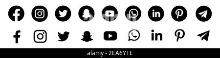 Icone dei social media. Immagine del set di icone di colore nero. facebook twitter instagram, youtube, twitter, snapchat, pinterest, icona whatsap. Illustrazione Vettoriale