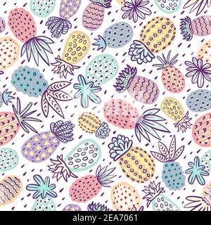 Motivo in ananas senza cuciture. Ananas disegnato a mano con diverse texture in colori pastello. Sfondo di frutti esotici per stampe di moda, tessuti, tessuti Illustrazione Vettoriale