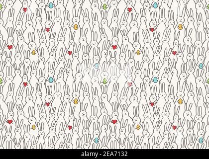 Divertente bunny motivo senza giunture. Illustrazione dei coniglietti di pasqua carini con le uova di pasqua e i cuori. Luminoso sfondo pasquale per tessuti, tessuti, coperture Illustrazione Vettoriale