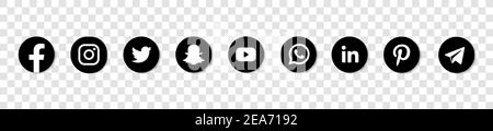 Icone dei social media. Immagine del set di icone di colore nero. facebook twitter instagram, youtube, twitter, snapchat, pinterest, icona whatsap. Illustrazione Vettoriale