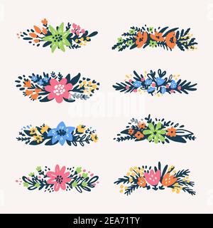 Graziosi bouquet floreali bordi, fiori in stile retrò. Set divisori floreali. Utile per creare biglietti da sposa, confezioni di prodotti, loghi, inviti Illustrazione Vettoriale