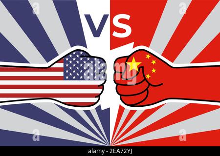 USA Cina guerra commerciale. BANDIERA USA pugno contro bandiera cina pugno. Confronto economico cinese americano. Icona piatta vettore per banner web, post Illustrazione Vettoriale