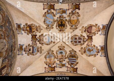 Dettagli e stemmi araldici e decorazioni sul Mura e soffitti dell'Archiginnasio Palace Bologna Italia Foto Stock