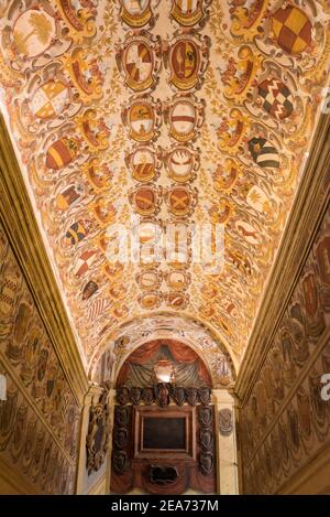 Dettagli e stemmi araldici e decorazioni sul Mura e soffitti dell'Archiginnasio Palace Bologna Italia Foto Stock