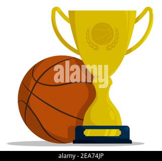 Coppa di sport a premi con palla per la partecipazione a concorsi di basket. Assegnare il trofeo al vincitore del torneo. Vettore in stile piatto Illustrazione Vettoriale