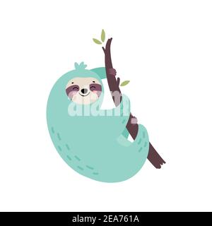 Cute mano disegnato sloth appeso sull'albero. Illustrazione Vettoriale