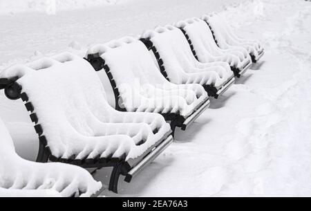 Dresda, Germania. 8 febbraio 2021. Le panchine sulla terrazza Brühl nella Città Vecchia sono coperte di neve. Credit: Robert Michael/dpa-Zentralbild/dpa/Alamy Live News Foto Stock