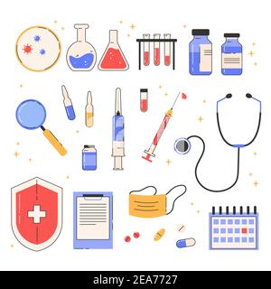 Serie di icone delle linee vettoriali relative alla vaccinazione. Illustrazione Vettoriale
