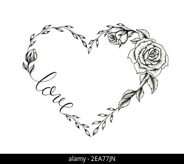 Cornice cuore floreale vintage, disegno a mano cuore nero con rose isolato su bianco, nero disegno cuore floreale per San Valentino, giorno della mamma Foto Stock