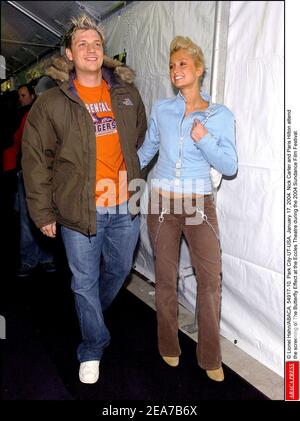 © Lionel Hahn/ABACA. 54917-10. Park City-UT-USA, 17 gennaio 2004. Nick carter e la fidanzata Paris Hilton partecipano alla proiezione dell'effetto Butterfly all'Eccles Theatre durante il Sundance Film Festival 2004. Foto Stock