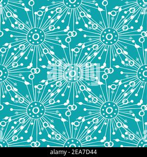 Semi di dente di leone sfondo vettoriale senza giunture. Astratto arte popolare stile giardino erbacioso o campo fiori sfondo bianco blu. Bellissima Illustrazione Vettoriale