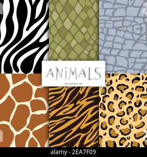 Animali modelli di pelle impostati. Illustrazione vettoriale disegnata a mano. Illustrazione Vettoriale