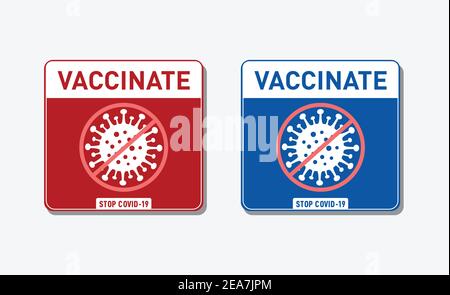 Set di etichette per la valutazione del coronavirus. Concetto di protezione antivirus. Adesivo di vaccinazione. Fermata Covid-19. Segno di Vacctinazione. Illustrazione vettoriale. Promozione Illustrazione Vettoriale