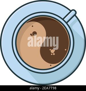 Tazza da caffè con crema a forma di yin-yang vista dall'alto immagine vettoriale isolata per il Coffee Day del 1° ottobre. Illustrazione Vettoriale