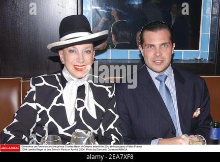 Genevieve de Fontenay e il principe Charles-Philippe di Orleans partecipano alla 23esima festa di compleanno di Miss Francia 2004 Laetitia Bleger a Les Bains a Parigi l'8 aprile 2004. Foto di Giancarlo Gorassini/ABACA. Foto Stock