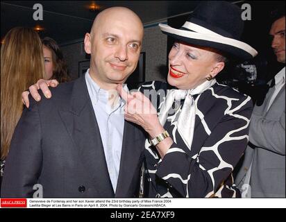 Genevieve de Fontenay e suo figlio Xavier partecipano alla 23esima festa di compleanno di Miss Francia 2004 Laetitia Bleger a Les Bains a Parigi l'8 aprile 2004. Foto di Giancarlo Gorassini/ABACA. Foto Stock