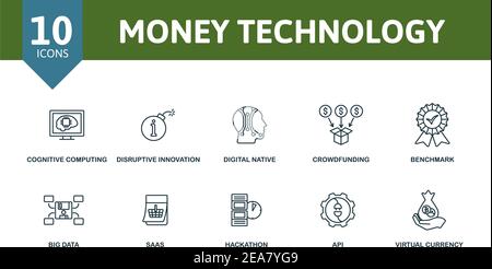 Insieme di icone Money Technology. La raccolta contiene native digitali, online banking, gateway di pagamento, incubatore aziendale, startup e oltre icone. Denaro Illustrazione Vettoriale