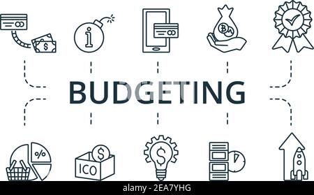 Insieme di icone di budget. La collezione contiene una confezione di icone creative pixel Perfect. Insieme di elementi di budget Illustrazione Vettoriale