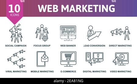 Set di icone Web Marketing. La raccolta contiene target, direct marketing, focus group, banner web, campagne sociali e oltre le icone. Elementi di Web Marketing Illustrazione Vettoriale