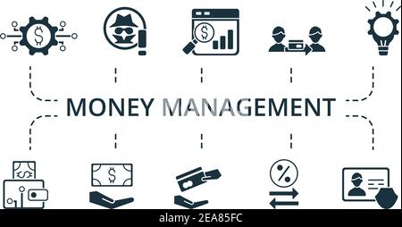 Insieme di icone Money Management. La collezione contiene una confezione di icone creative pixel Perfect. Insieme di elementi di gestione del denaro. Illustrazione Vettoriale