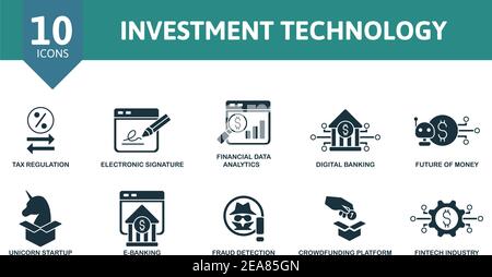 Set di icone per la tecnologia di investimento. La raccolta contiene prestiti online, normative fiscali, analisi dei dati finanziari, banche digitali, futuro del denaro e oltre Illustrazione Vettoriale