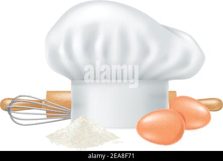 Cappello da chef, due uova, farina, spilla e frusta isolati su sfondo bianco. Illustrazione vettoriale fotorealistica. Illustrazione Vettoriale
