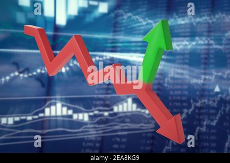 Biforcazione freccia rosso-verde su uno sfondo sfocato delle quotazioni in borsa. Inversione di tendenza imprevedibile o concetto di squeeze breve. illustrazione 3d Foto Stock