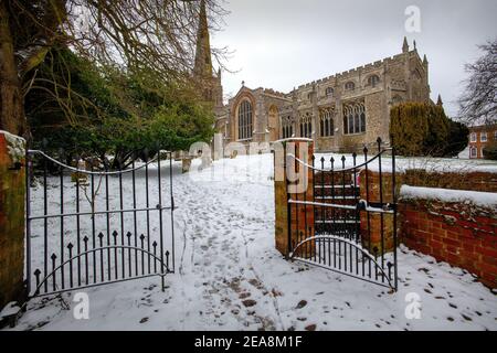 Thaxted Essex UK Snow conditions Winter Weather conditions 8 February 2021 Thaxted Church Beast from the East II Inverno neve condizioni colpire est e Foto Stock