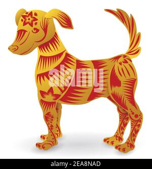 Cane simpatico e simpatico dello zodiaco cinese in colori dorati e rossi, decorato con linee, fiori e petali. Isolato su sfondo bianco. Illustrazione Vettoriale