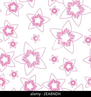 Motivo con fiori di ciliegio rosa in stile contorno, isolato su sfondo bianco. Illustrazione Vettoriale