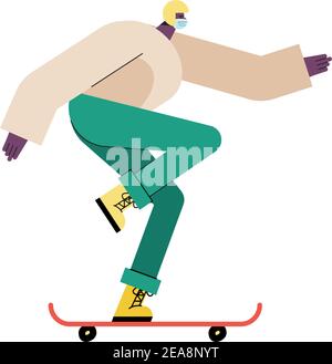 giovane uomo che indossa maschera medica in skateboard disegno vettoriale illustrazione Illustrazione Vettoriale