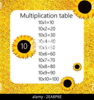 Quadrato di moltiplicazione. Illustrazione vettoriale della scuola con girasoli e forme a nido d'ape. Tabella di moltiplicazione. Poster per la formazione dei bambini. Matematico figlio Illustrazione Vettoriale