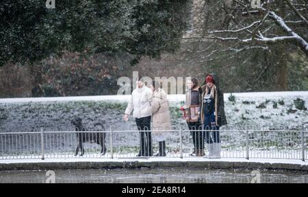 Royal Leamington Spa, Warwickshire, Regno Unito. 8 febbraio 2021: Un gruppo di donne prende il cane per una passeggiata intorno al laghetto di anatre a Jephson Gardens a Leamington. Credit: Ryan Underwood / Alamy Live News Foto Stock