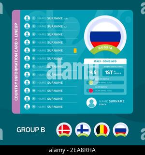 russia gruppo B Football 2020 torneo finale tappa illustrazione vettoriale. Tabella della linea di team del paese con spazio per le informazioni. 2020 gioco di calcio V Illustrazione Vettoriale