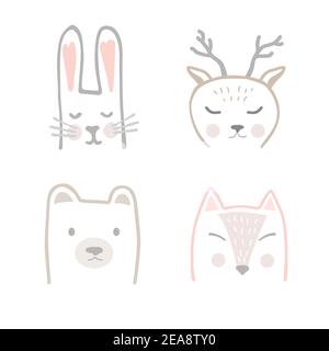 Set di animali della foresta in stile scandinavo disegnato a mano. Illustrazione vettoriale cartoon raffigurante una volpe, lepre, cervi e orsacchiotti per la stampa su tessuto Illustrazione Vettoriale