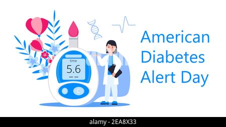 Vettore di concetto American Association Diabetes Alert Day in stile piatto. L'evento viene osservato annualmente il quarto martedì di marzo. Medico e glucosio me Illustrazione Vettoriale