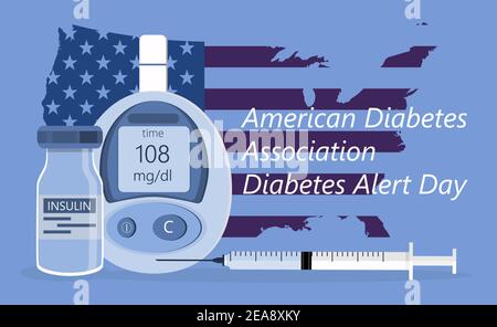 Vettore di concetto American Association Diabetes Alert Day in stile piatto. L'evento viene osservato annualmente il quarto martedì di marzo. Il glucometro è sho Illustrazione Vettoriale