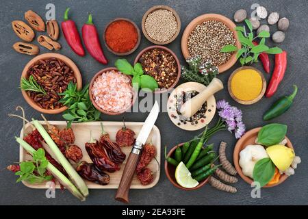 Grande raccolta di erbe fresche e secche e spezie in ciotole e mortaio con pestello su sfondo ardesia. Disposizione piatta. Foto Stock