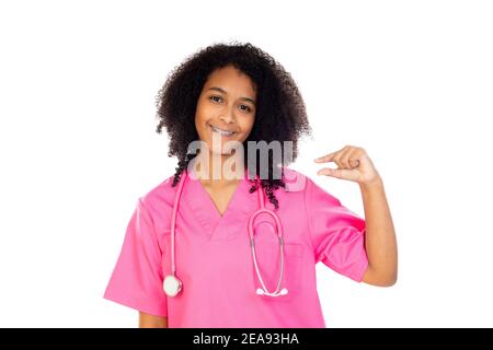 Adorabile medico con uniforme rosa isolato su un bianco sfondo Foto Stock