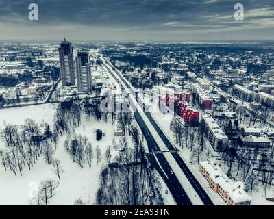 edifici e strade di una città. Vista dal cielo. Foto Stock