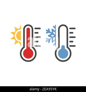 Termometro con set di icone sole e fiocco di neve. Simbolo meteo vettoriale impostato per temperatura calda, calda, fredda. Illustrazione Vettoriale