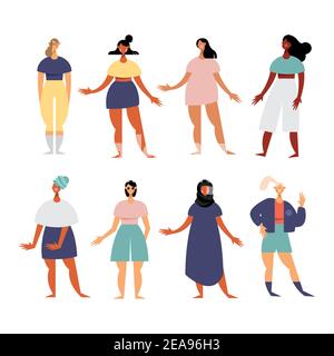 gruppo di otto donne personaggi con abiti diferenti illustrazione vettoriale design Illustrazione Vettoriale